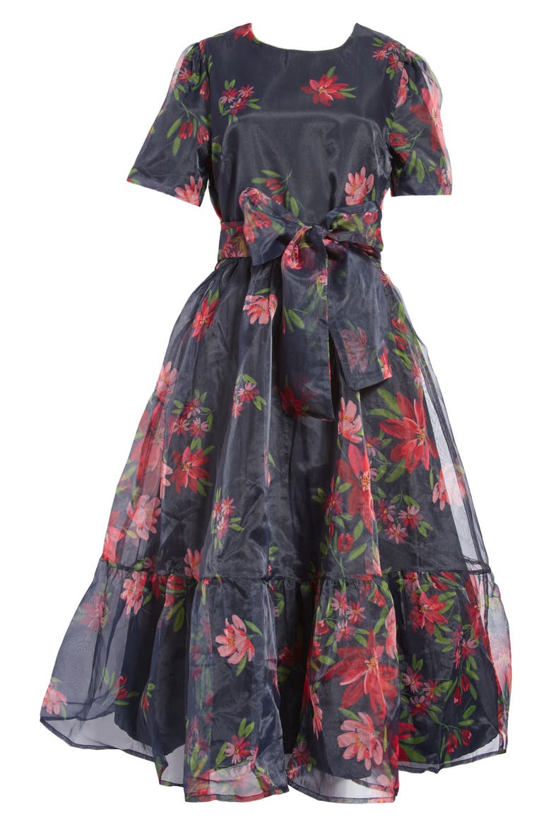 Floral Print Tie Waist Organza Midi Dress (Nordstrom Exclusive), Alternate, color, BLACK FLORAL INK