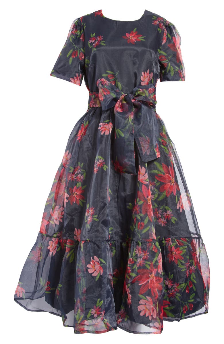 Rachel Parcell Floral Print Tie Waist Organza Midi Dress, Alternate, color, 