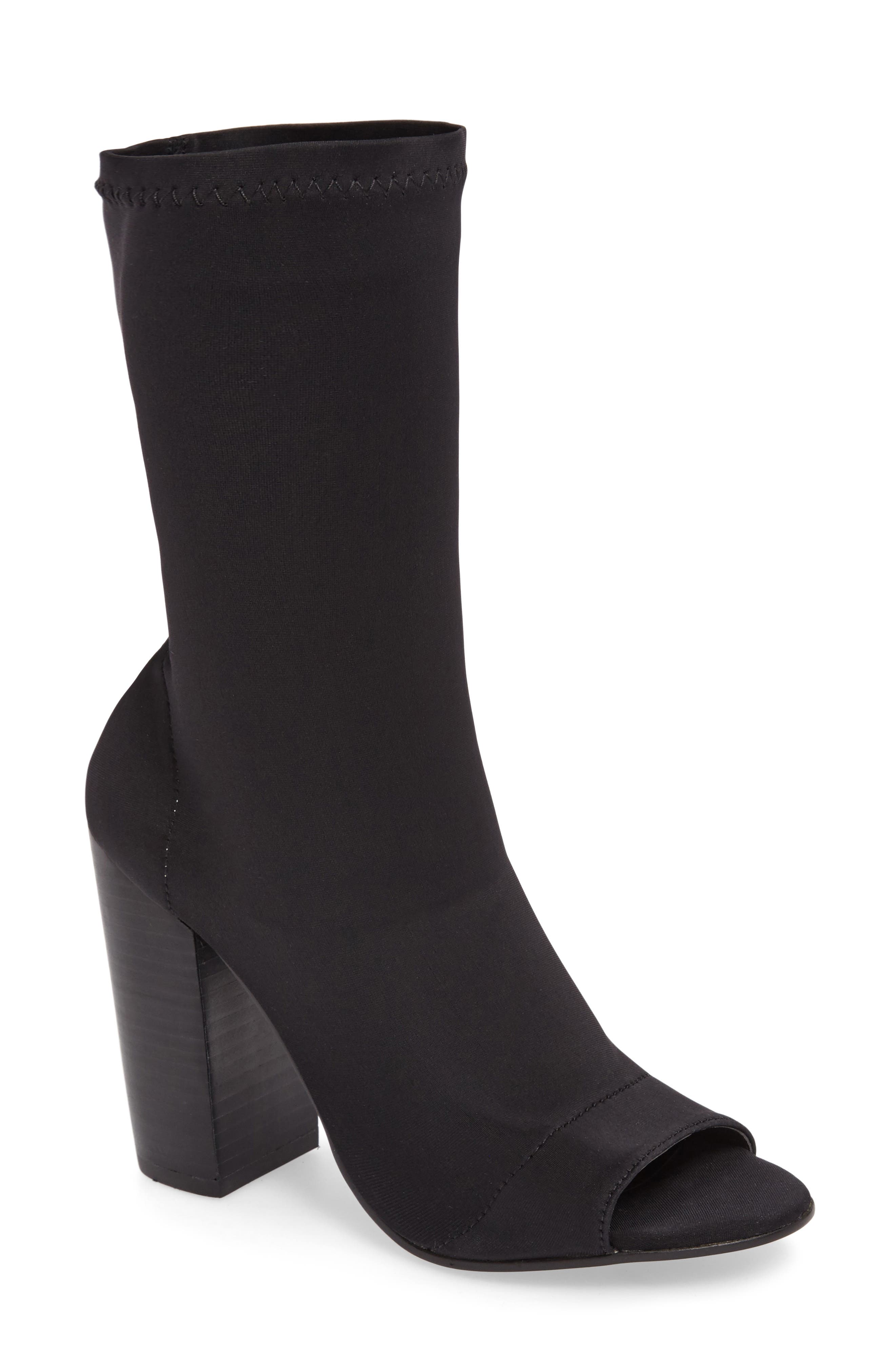Malo Open Toe Stretch Bootie, Main, color, BLACK LYCRA