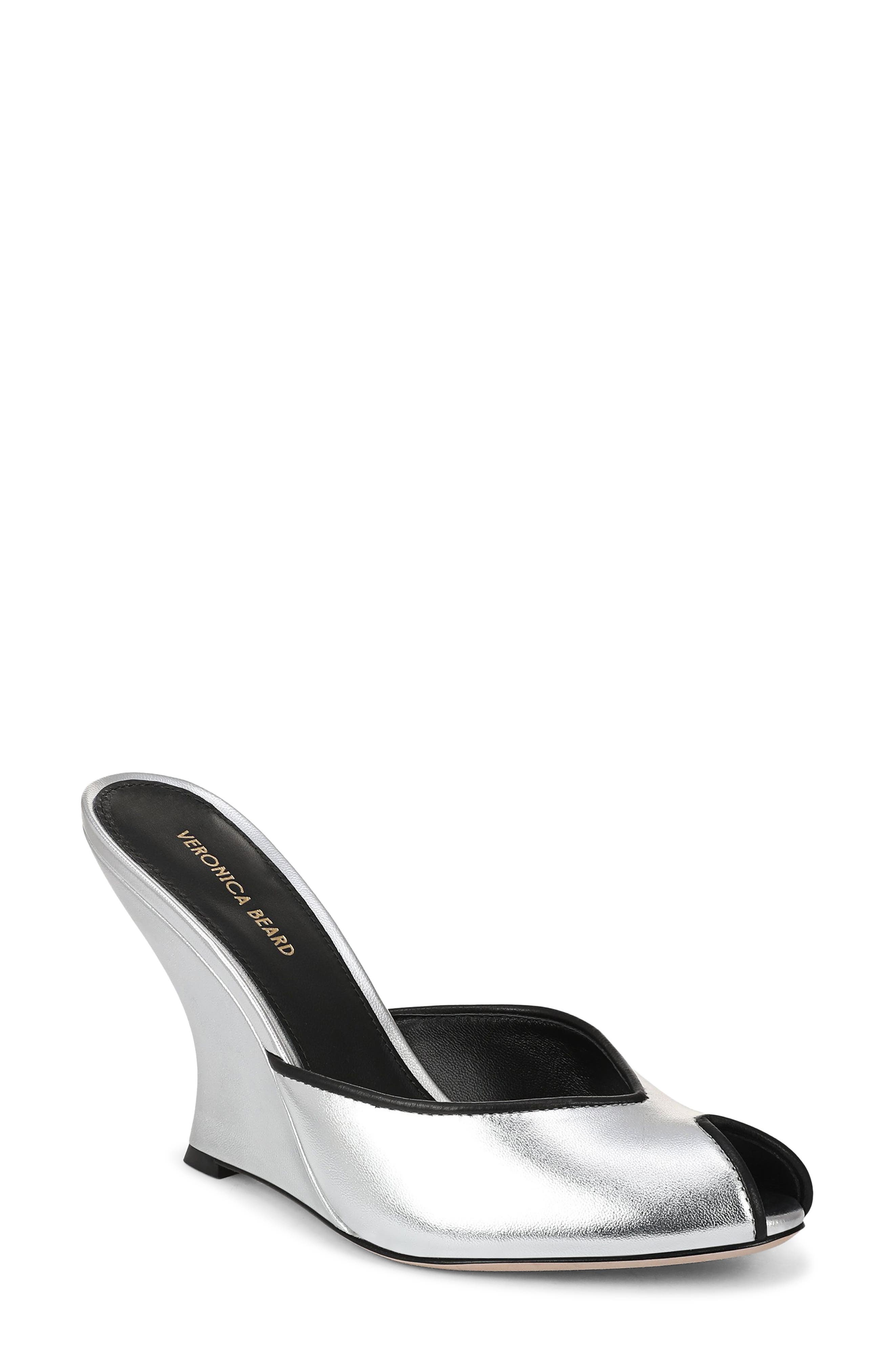 Veronica Beard Mirabel Peep Toe Wedge Sandal, Main, color, Silver/ Black