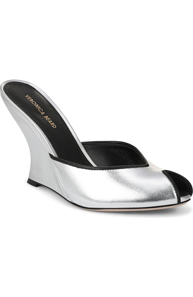 Veronica Beard Mirabel Peep Toe Wedge Sandal, Main, color, Silver/ Black