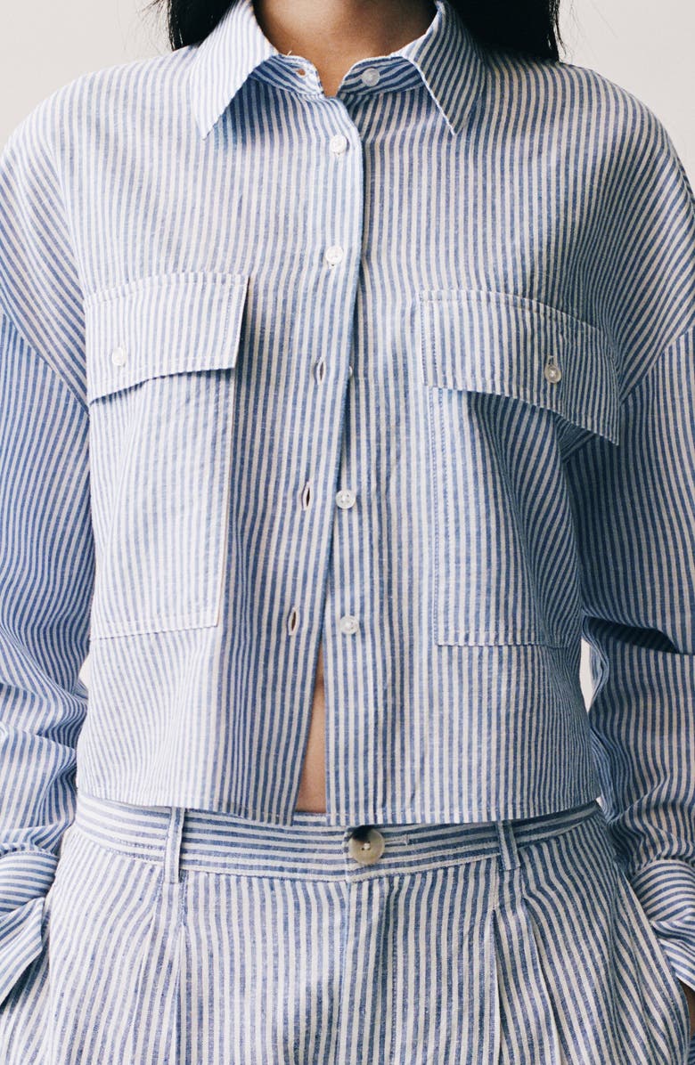 MANGO Stripe Pocket Crop High-Low Cotton & Linen Shirt, Alternate, color, Blue