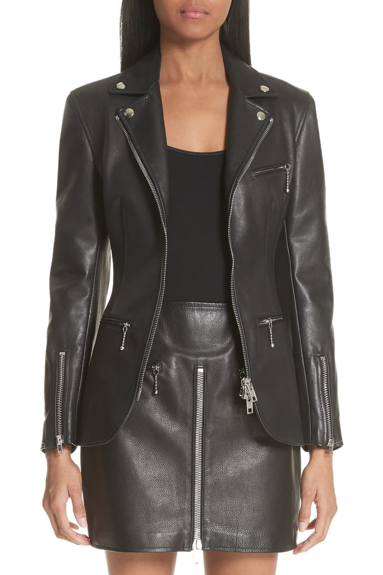 Zip Front Leather Blazer, Main, color, BLACK