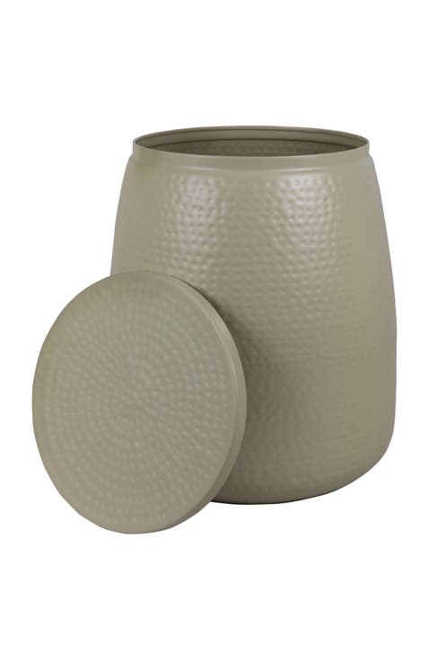 Merida Modern Rustic Hammered Metal Drum Storage Side Table with Lid