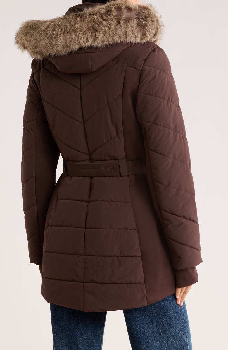 Michael Kors Faux Fur Trim Belted Puffer Jacket, Alternate, color, Chocolate