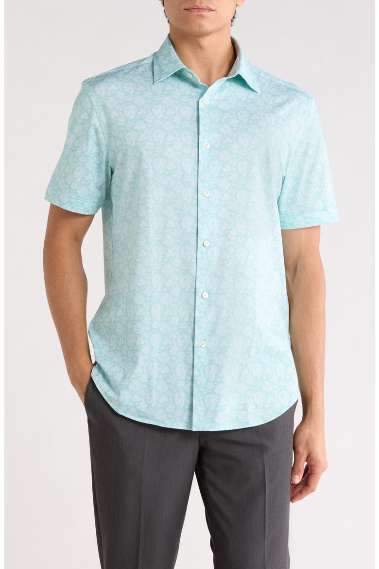 Floral Print Stretch Cotton Short Sleeve Button-Up Shirt, Main, color, MENTHOL