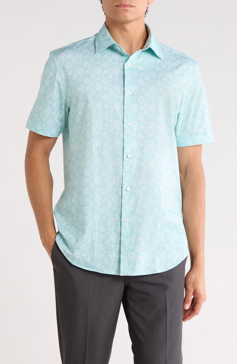 Bugatchi Floral Print Stretch Cotton Short Sleeve Button-Up Shirt, Main, color, Menthol