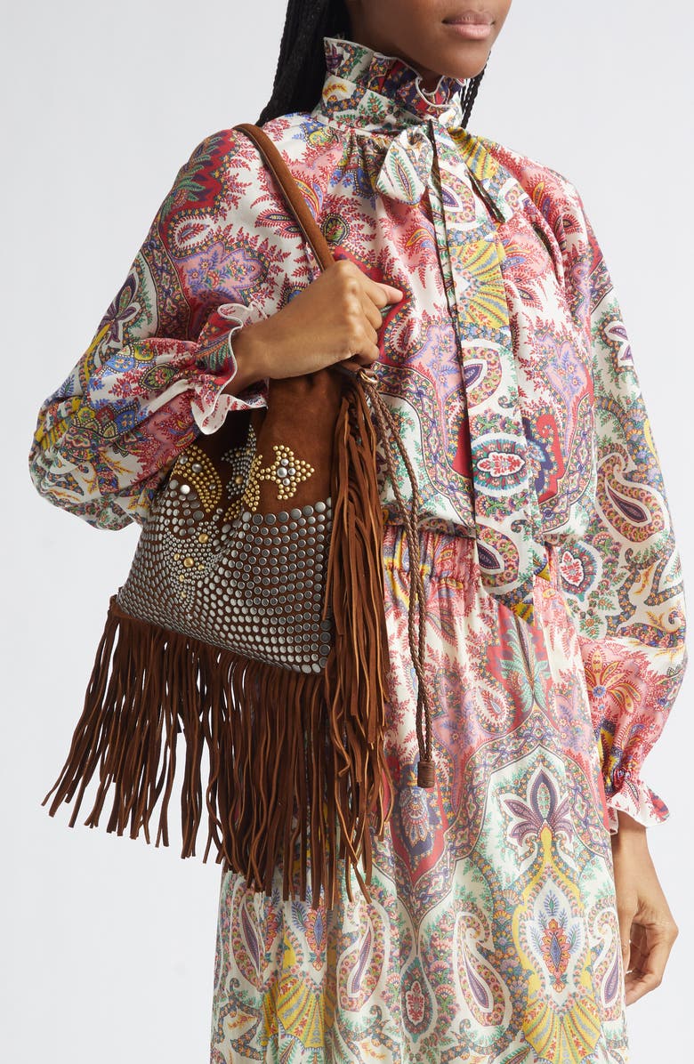 Etro Kalispera Stud & Fringe Suede Shoulder Bag, Alternate, color, Brown