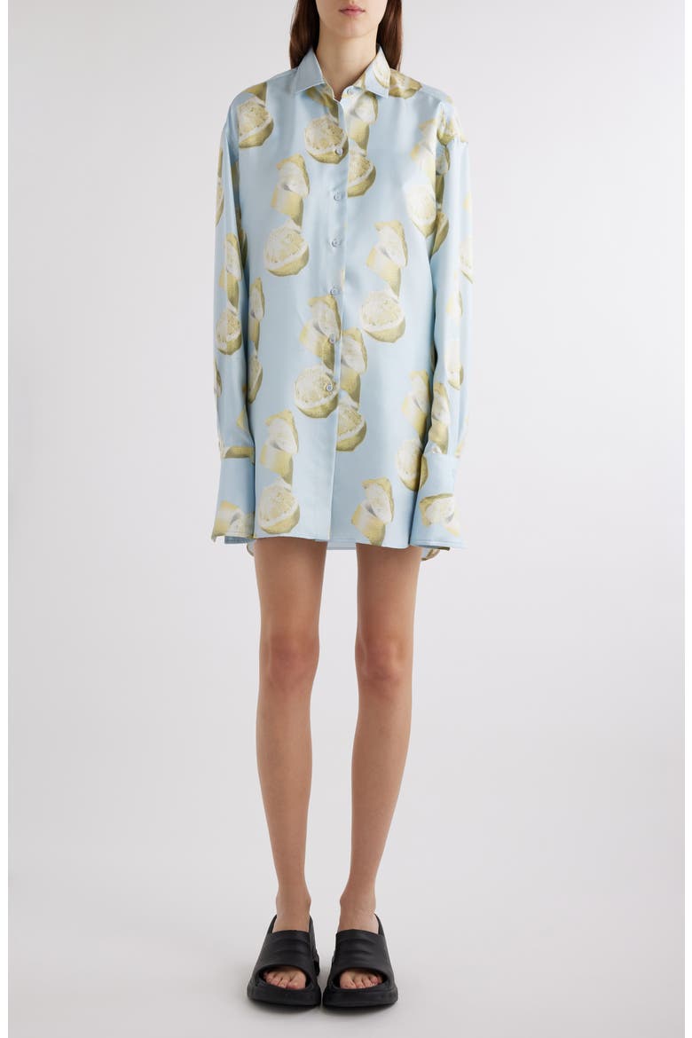 Lemon Print Silk Button-Up Tunic Shirt, Main, color, BLUE/ YELLOW