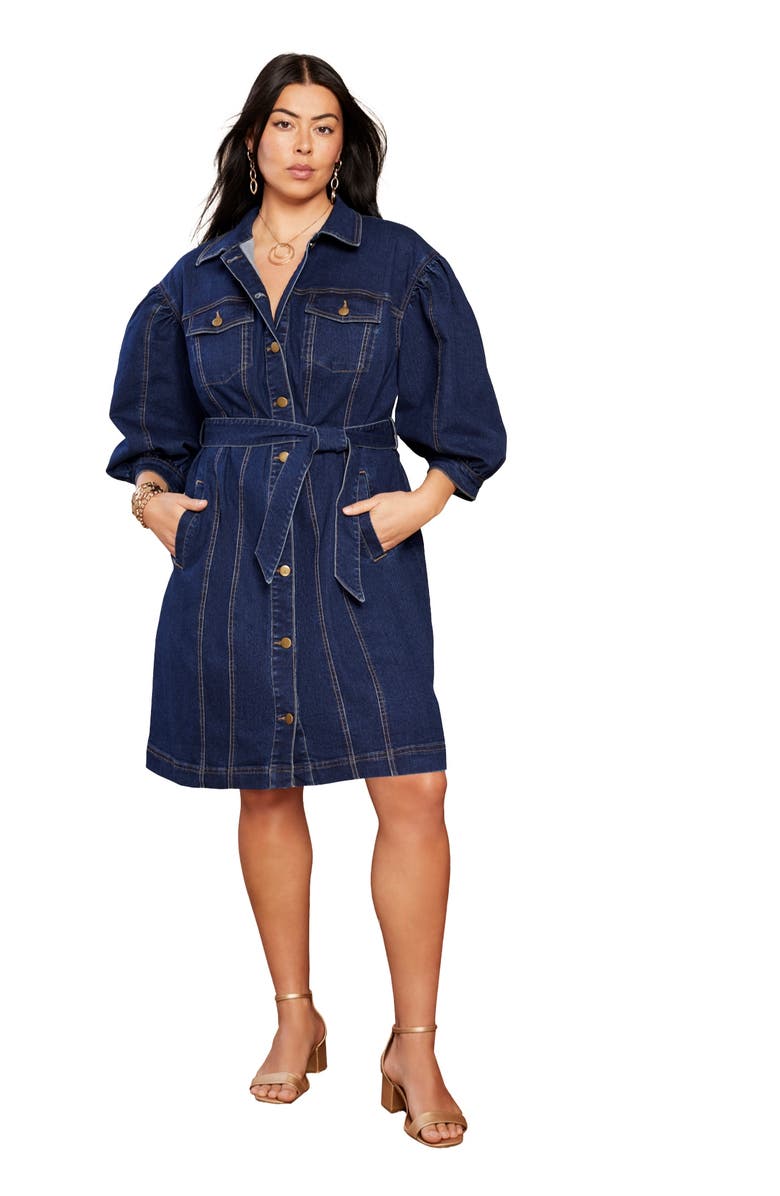 June + Vie Denim Shirtdress, Main, color, Dark Blue