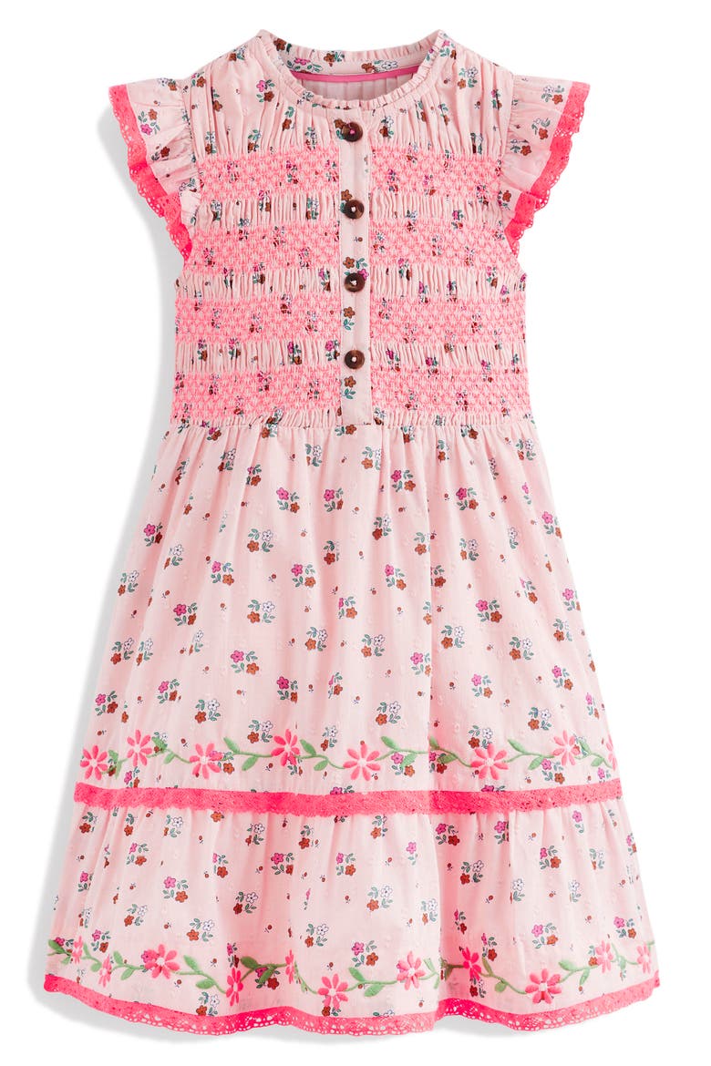 Kids' Smocked Bodice Lace Trim Tiered Cotton Dress, Main, color, CHALK PINK DAISY CHAIN