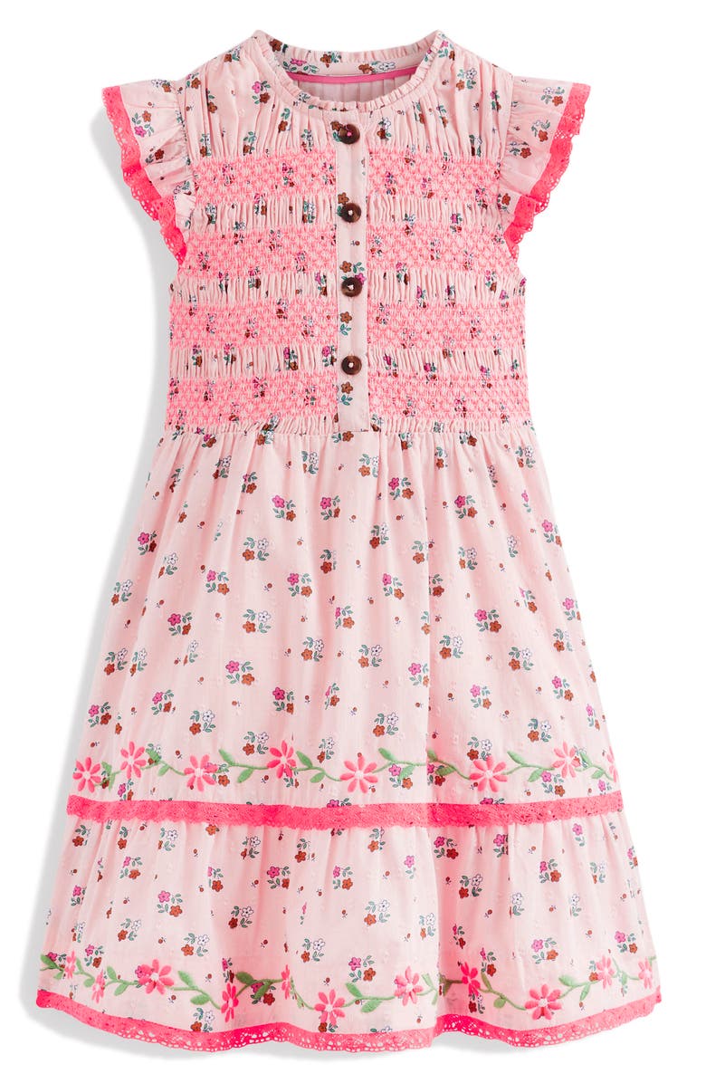 Mini Boden Kids' Smocked Bodice Lace Trim Tiered Cotton Dress, Main, color, Chalk Pink Daisy Chain