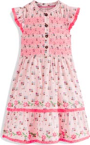 Mini Boden Kids' Smocked Bodice Lace Trim Tiered Cotton Dress