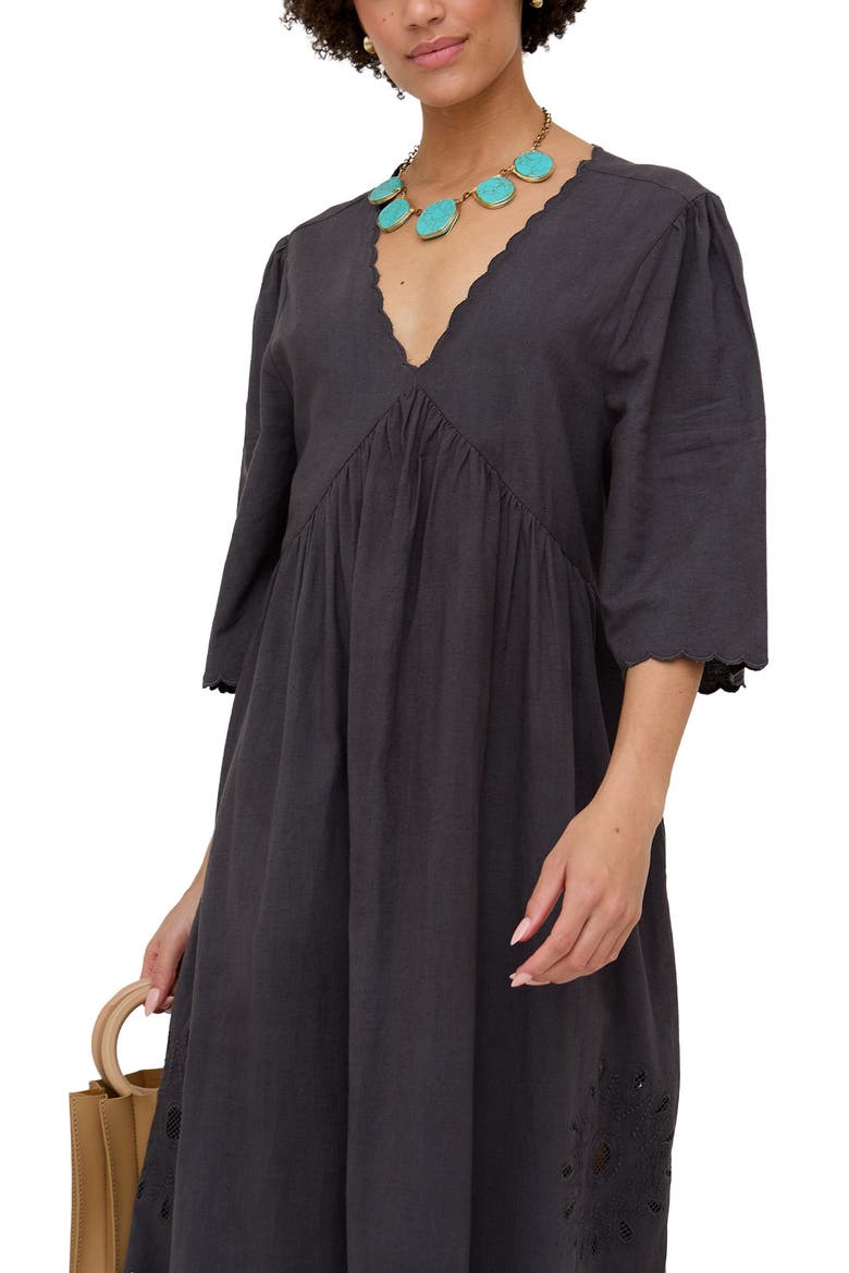 Ibiza Smock Embroidered Midi Dress, Alternate, color, Charcoal