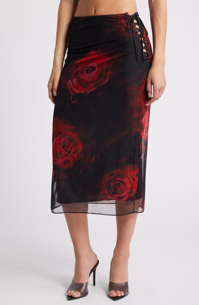 Mistress Rocks Rose Lace-Up Mesh Midi Skirt, Main, color, 