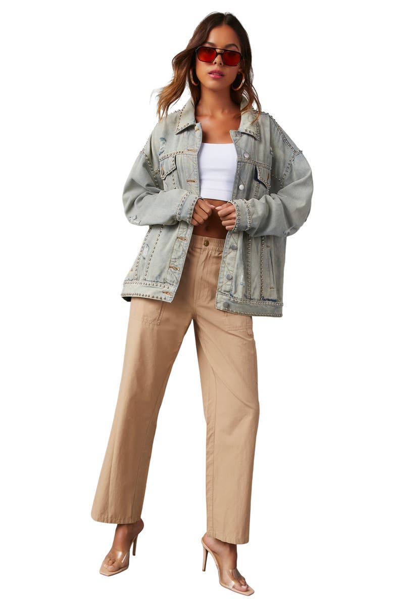 VICI Collection Kind of a Big Deal Stud Detail Distressed Denim Trucker Jacket, Alternate, color, 