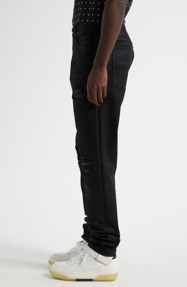 AMIRI MX1 Leather Patched Distressed Waxed Jeans, Alternate, color, Black