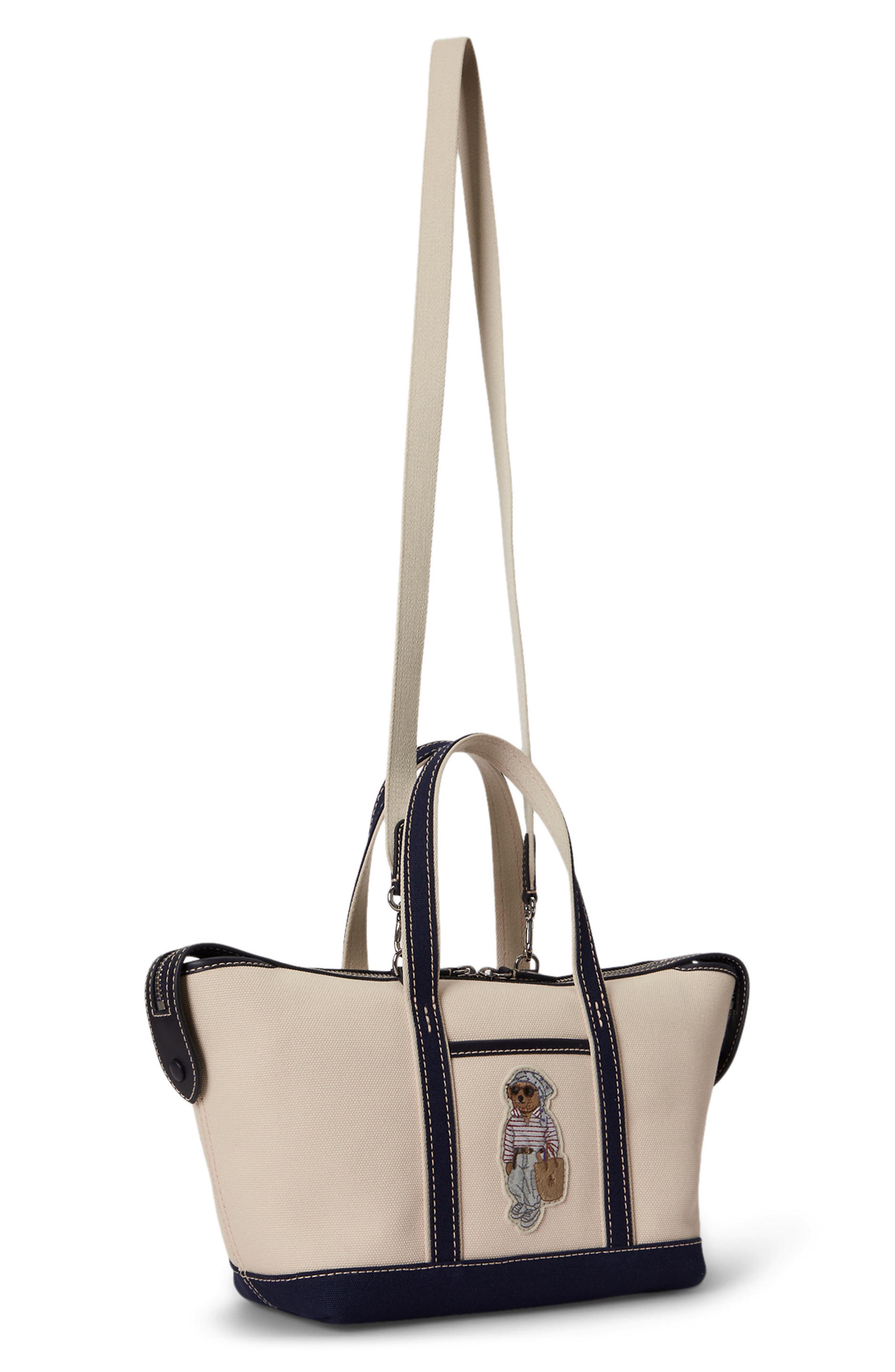 Polo Ralph Lauren Mini Polo Bear Canvas Shopper Tote, Alternate, color, Ecru/ Newport Navy