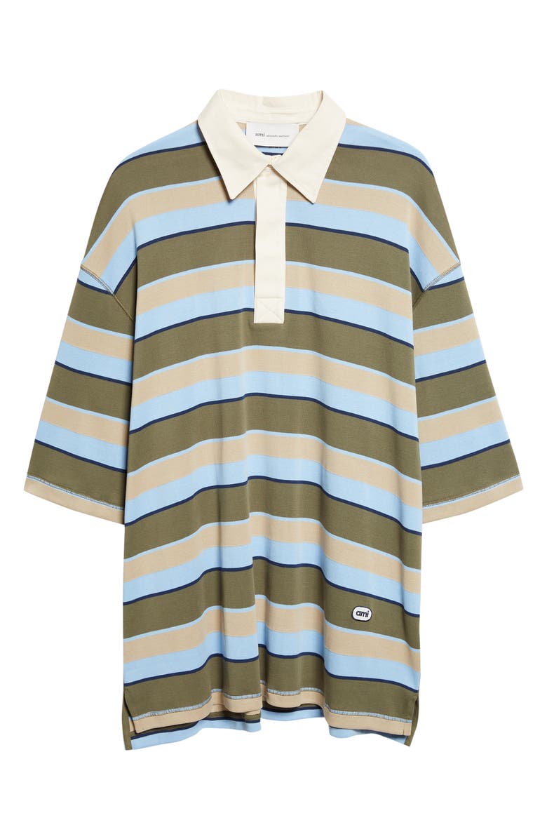 AMI PARIS Oversize Stripe Cotton Polo, Main, color, Bleucach/ Kaki/ Taupe/ Encre