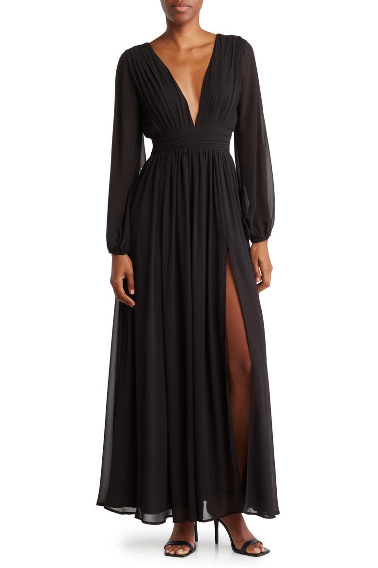 Iris Plunge Neck Long Sleeve Maxi Dress, Main, color, JET BLACK