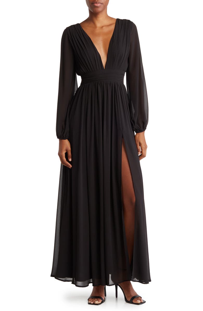 BY DESIGN Iris Plunge Neck Long Sleeve Maxi Dress, Main, color,