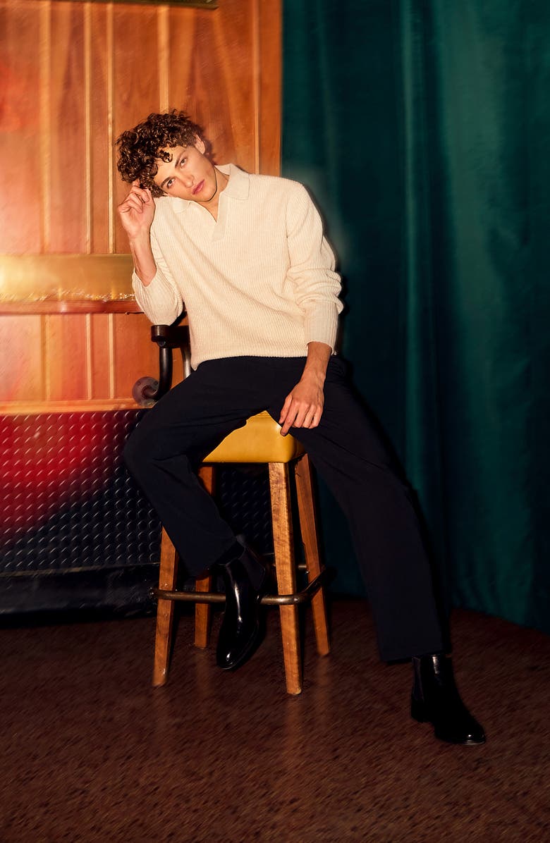 Open Edit Johnny Collar Polo Sweater, Alternate, color, Black Caviar