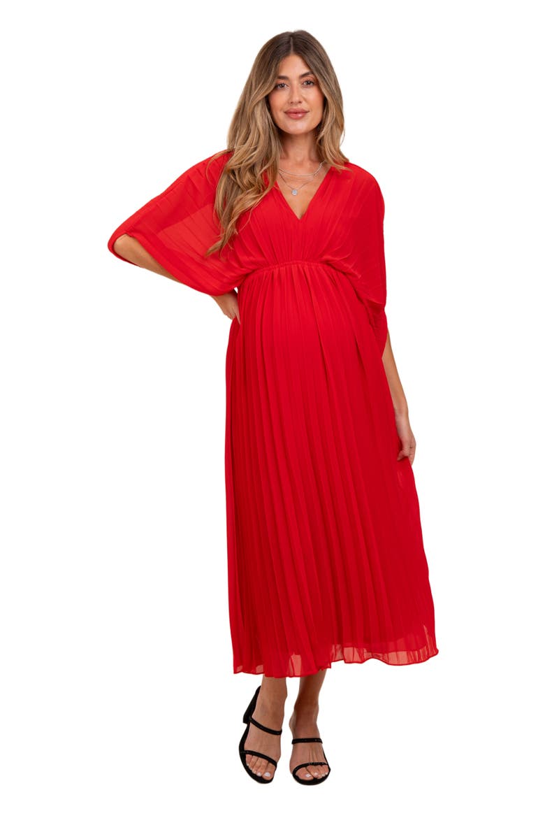 Pleated V Neck Maxi Dress, Main, color, Red