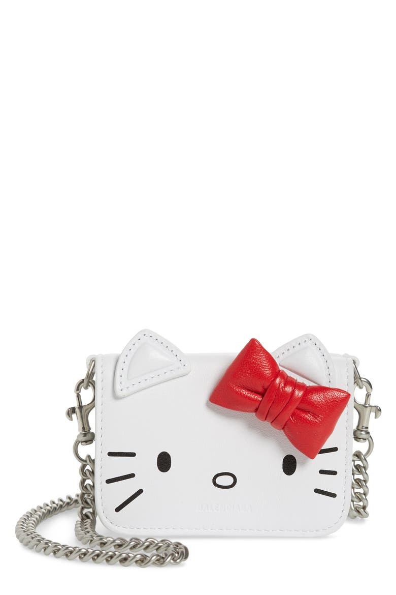 x Hello Kitty® Mini Kitty Calfskin Leather Wallet on a Chain, Main, color, OPTIC WHITE