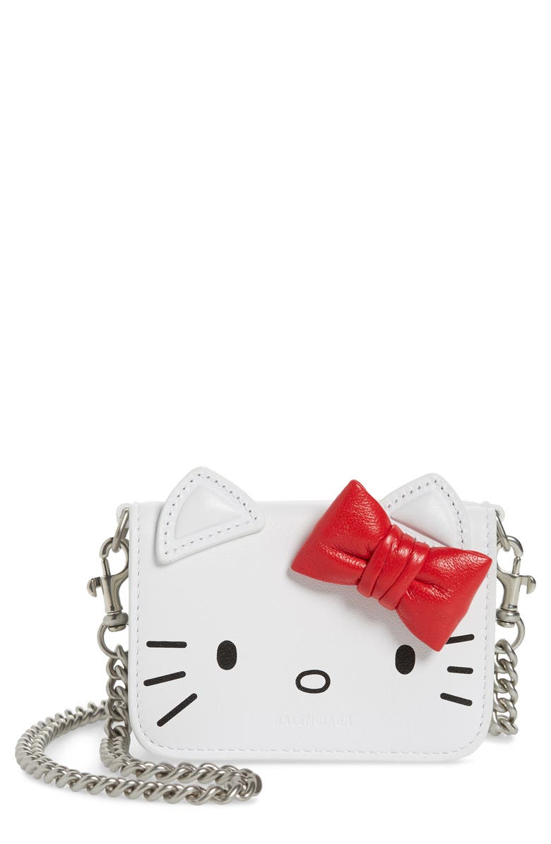 Balenciaga x Hello Kitty<sup>®</sup> Mini Kitty Calfskin Leather Wallet on a Chain, Main, color,
