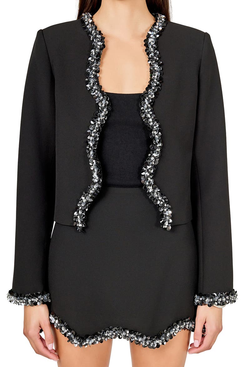 Rhinestone Detail Scallop Edge Jacket, Alternate, color, BLACK
