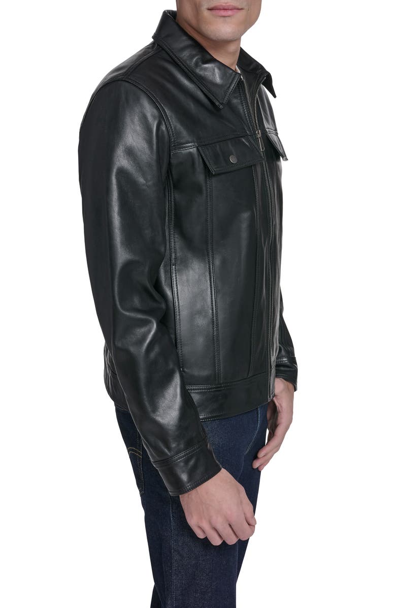Cole Haan Leather Trucker Jacket, Alternate, color, Black
