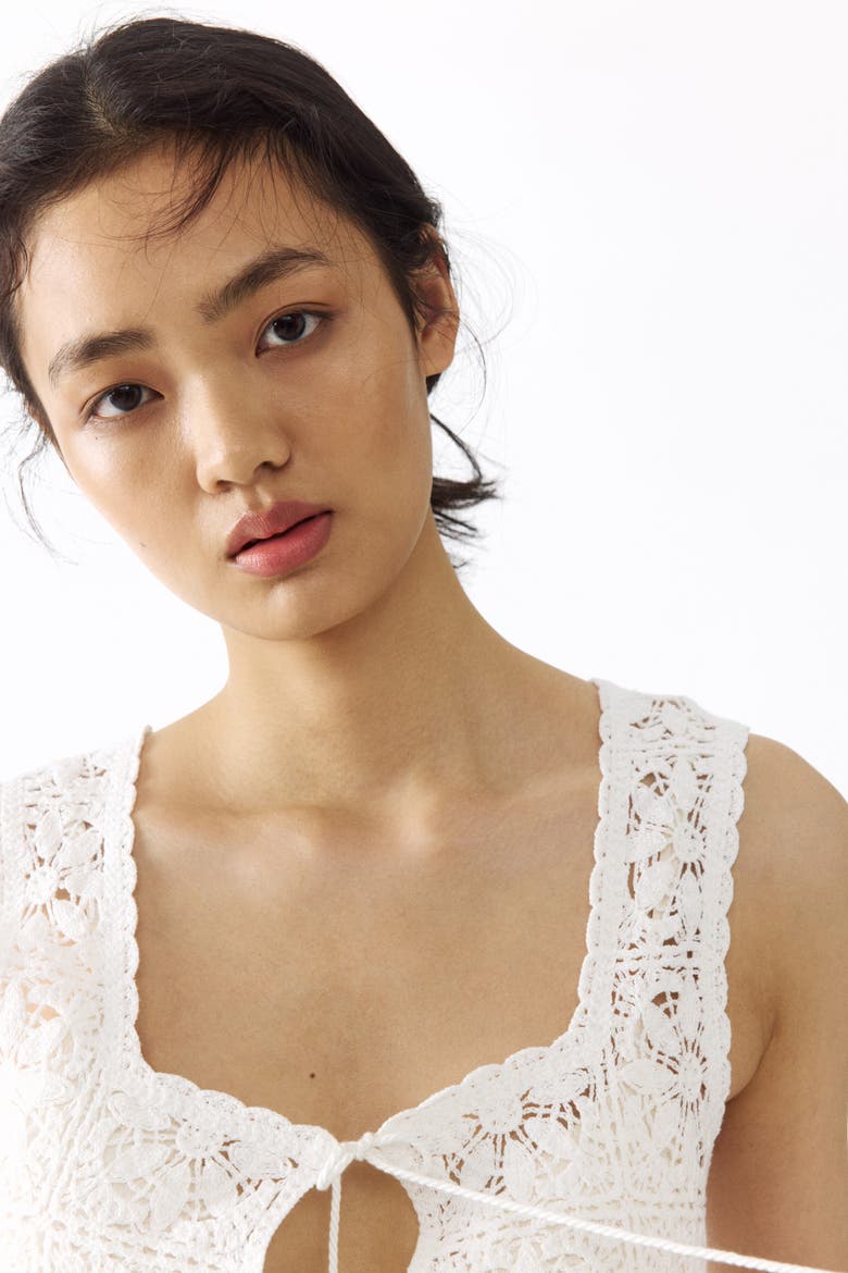 Tie-front Pointelle-knit Top, Alternate, color, Cream