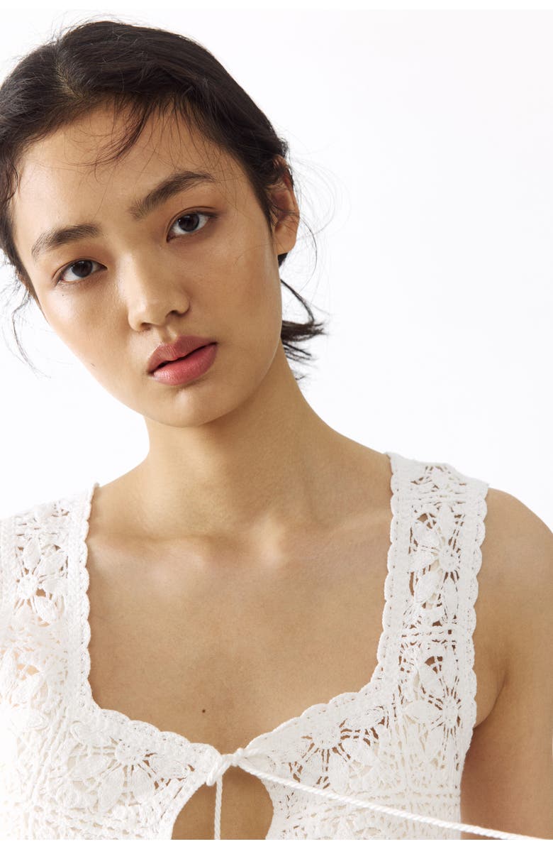 H&M Tie-front Pointelle-knit Top, Alternate, color, Cream