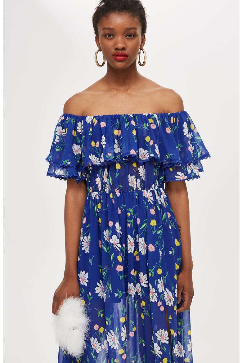 Blair Floral Off the Shoulder Maxi Dress, Alternate, color, BLUE MULTI