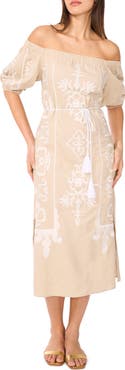 Vince Camuto Embroidered Off the Shoulder Linen Blend Dress