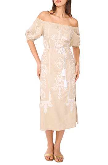 Vince Camuto Embroidered Off The Shoulder Linen Blend Dress In Brown