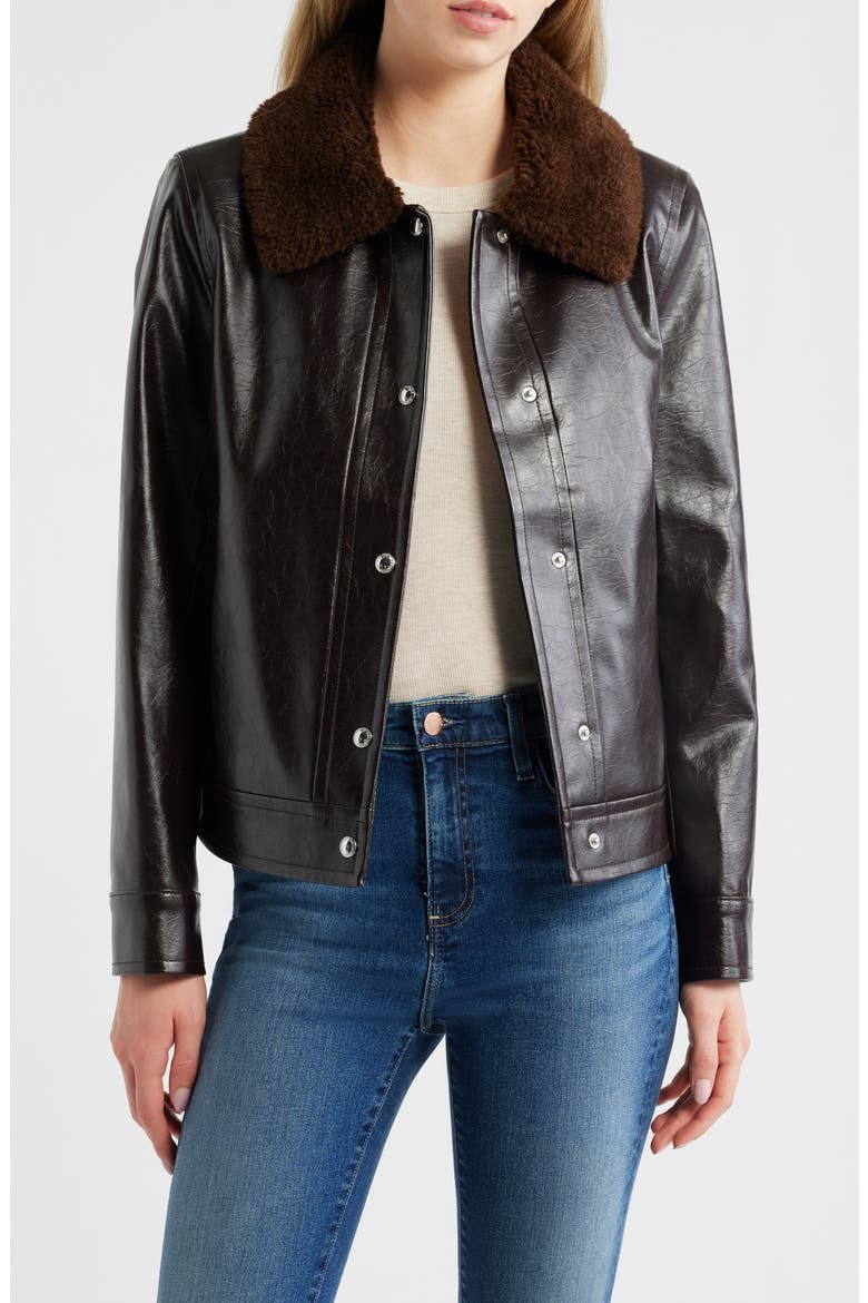 Slim Fit Faux Leather Jacket With Faux Fur Collar, Main, color, DARK BROWN