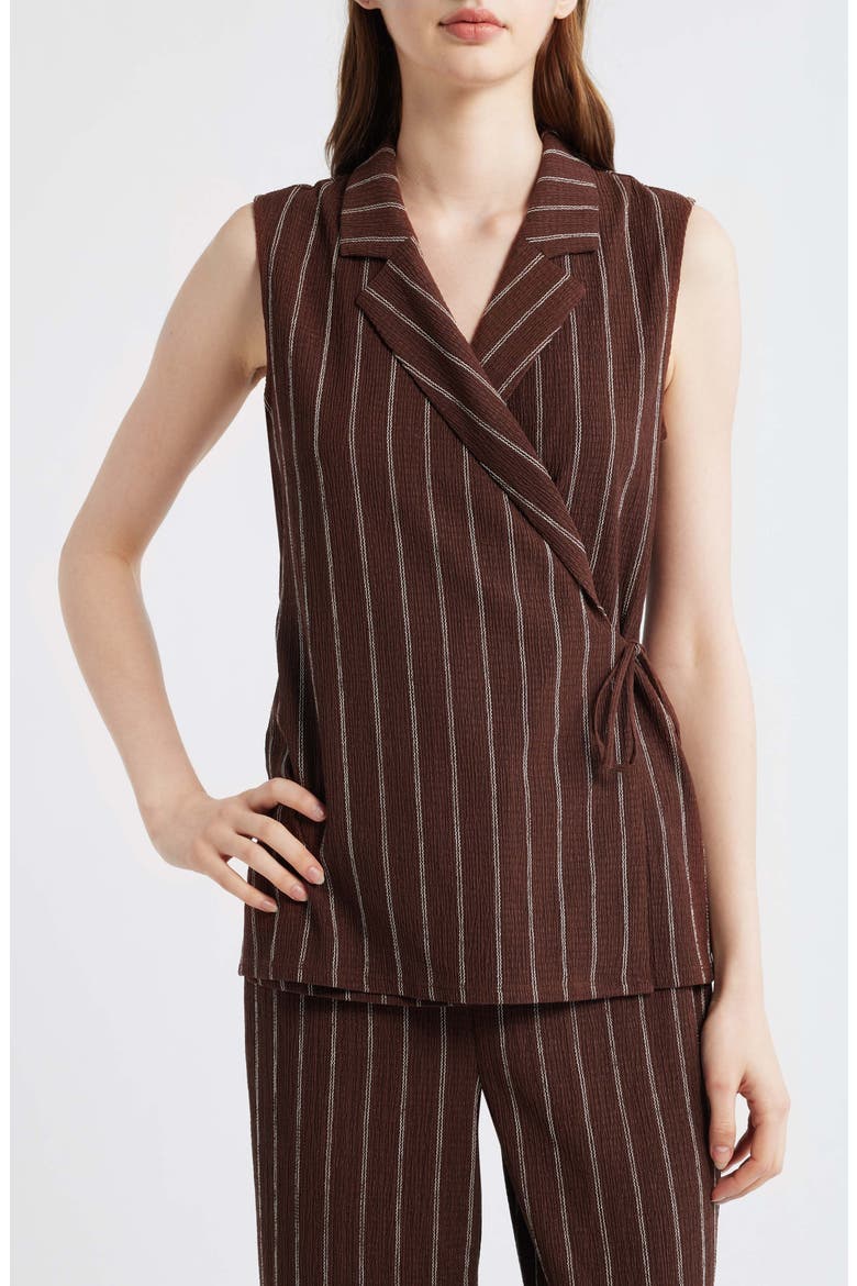 Notch Lapel Stripe Wrap Top, Main, color, DARK CHOCOLATE/ WHITE