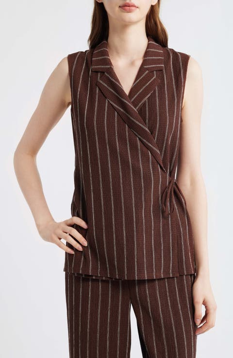 Notch Lapel Stripe Wrap Top (Petite)