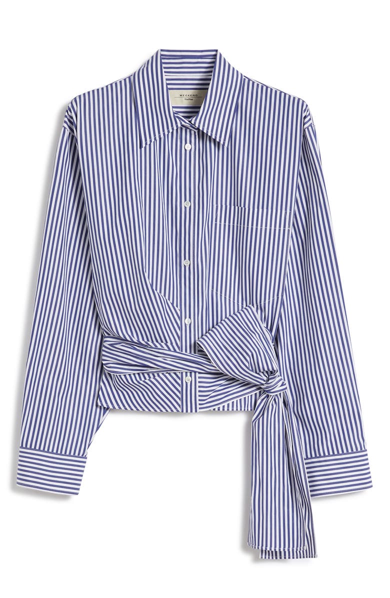 Weekend Max Mara Fresco Stripe Side Tie Cotton Button-Up Shirt, Alternate, color, Navy