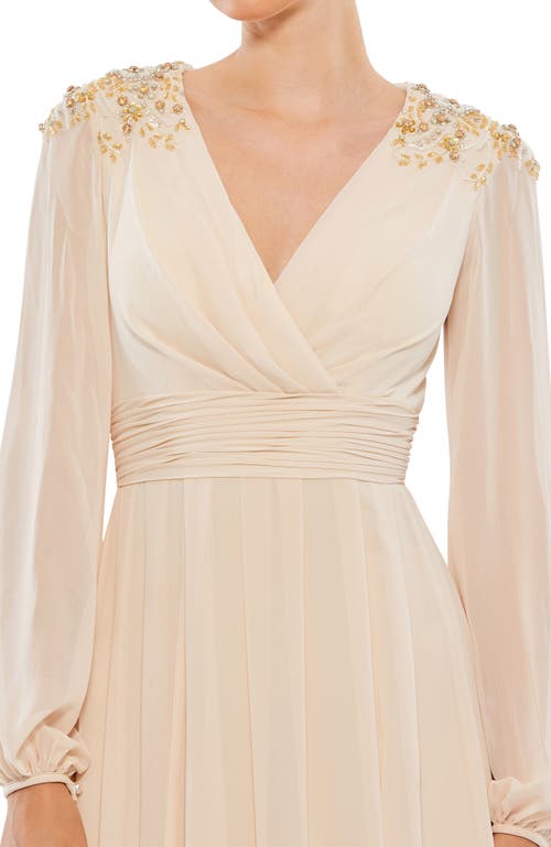 Mac Duggal Embellished Shoulder Blouson Sleeve Evening Gown In Porcelain