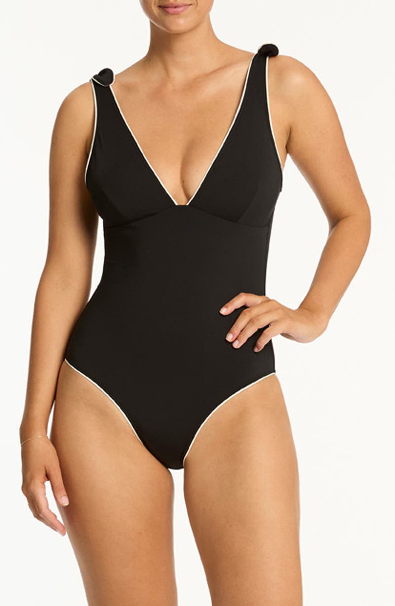 Sea Level Babylon Knotted Strap One-Piece Swimsuit, Main, color, Black
