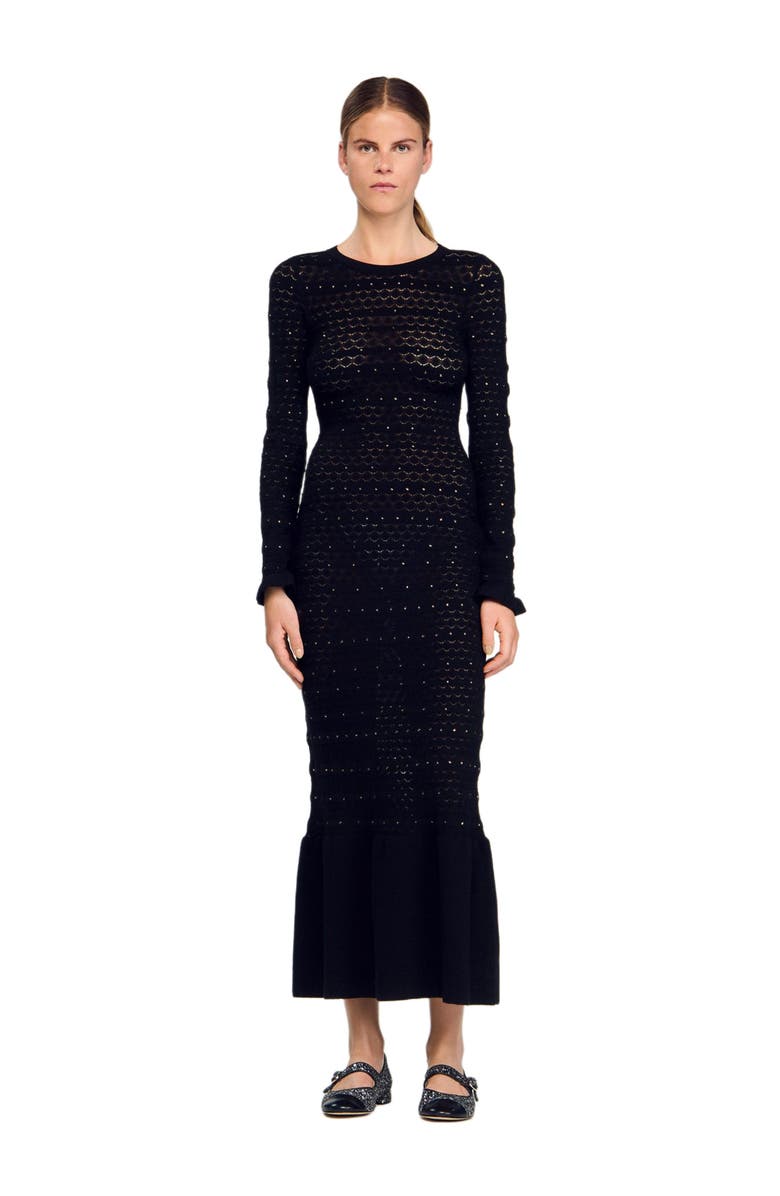 SANDRO Rhinestone knit maxi dress, Alternate, color, Black