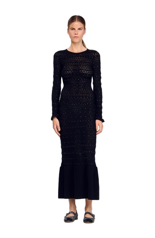 Sandro Rhinestone Knit Maxi Dress In Black