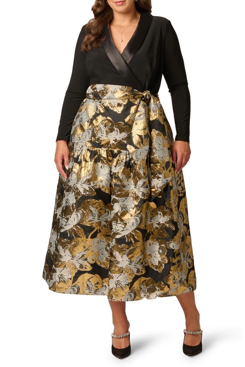 Jacquard Shawl Collar Dress, Main, color, BLACK/ GOLD