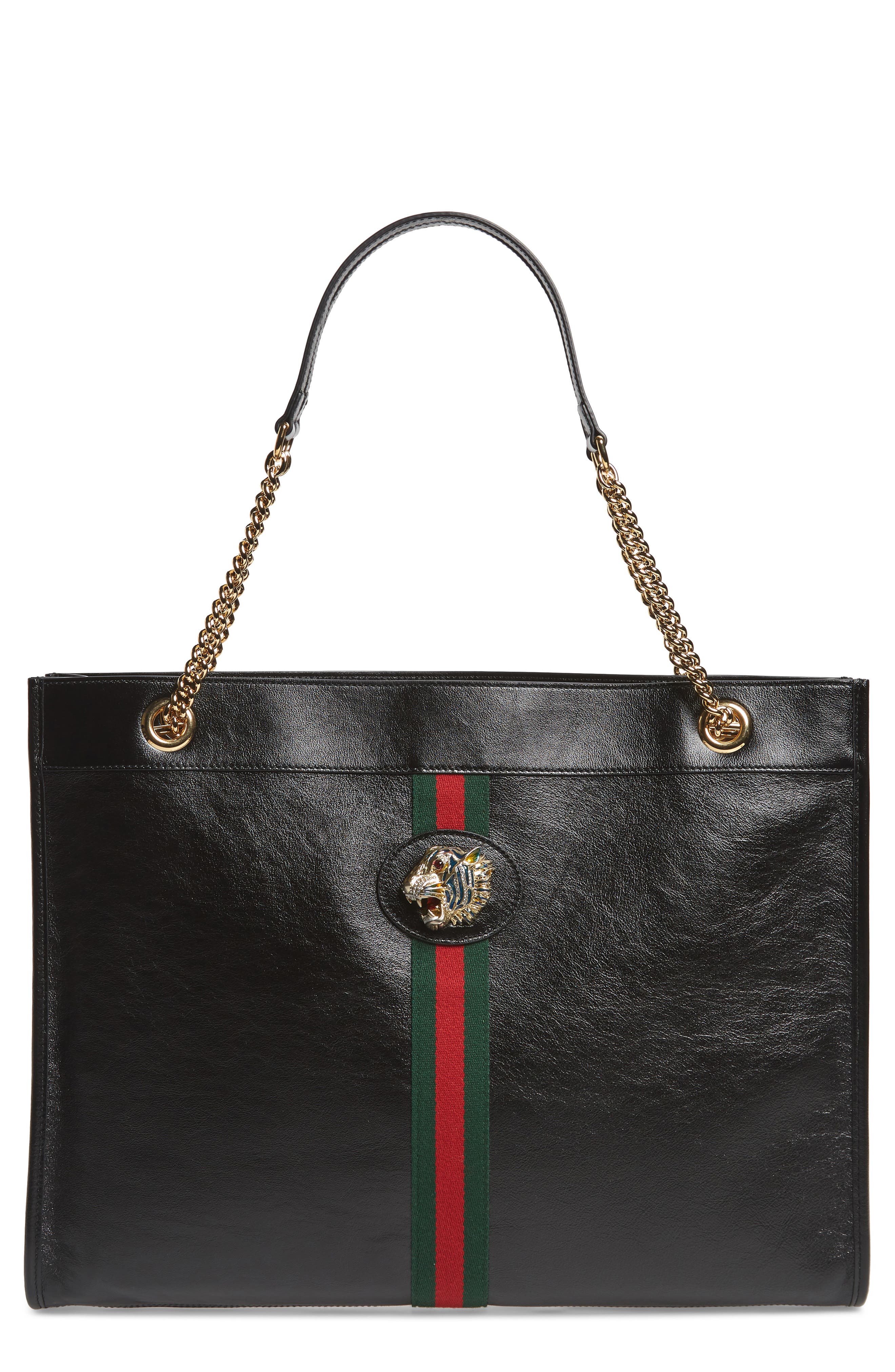 Large Leather Tote, Main, color, NERO/ VERT RED MULTI