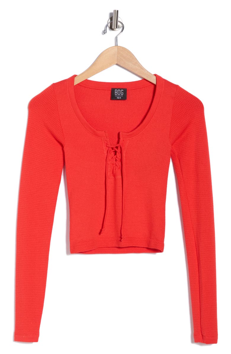 BDG Urban Outfitters Knockout Long Sleeve Tie Front Crop Top, Alternate, color, Red