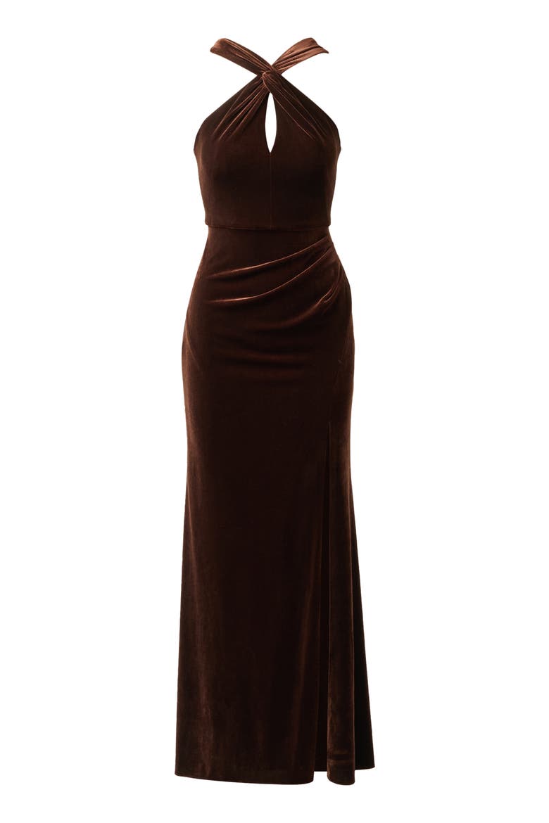 Velvet Keyhole Halter Mermaid Gown, Alternate, color, DARK BROWN
