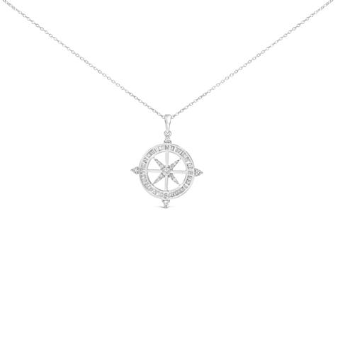 Sterling Silver 3/4 Cttw Diamond Compass Medallion Pendant Necklace