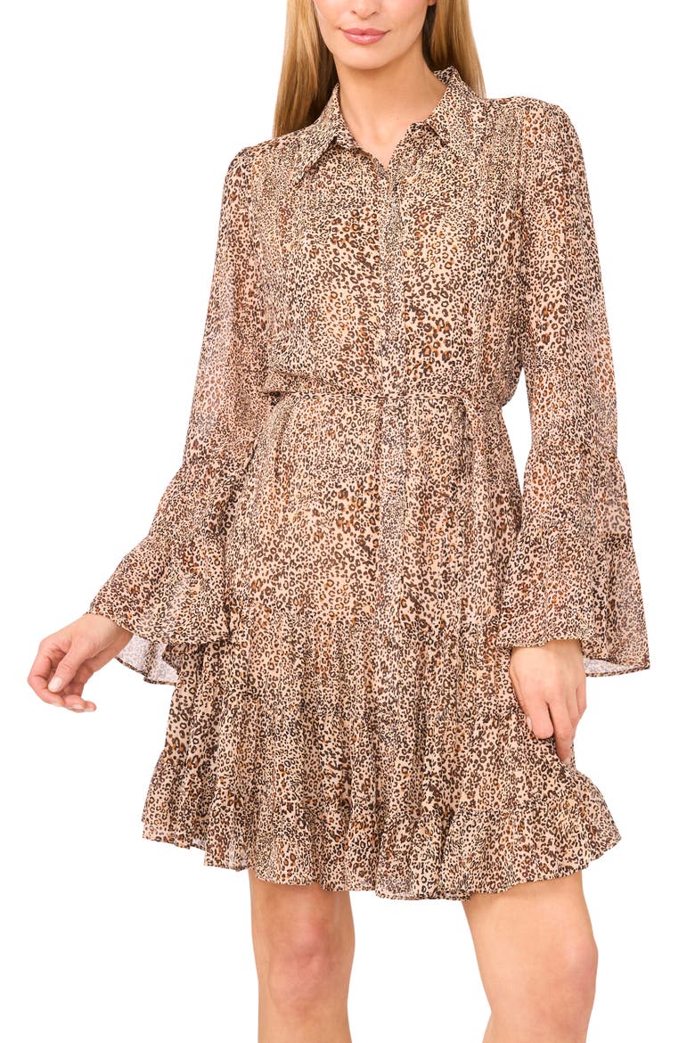 Leopard Tiered Long Sleeve Shirtdress, Alternate, color, DUNE